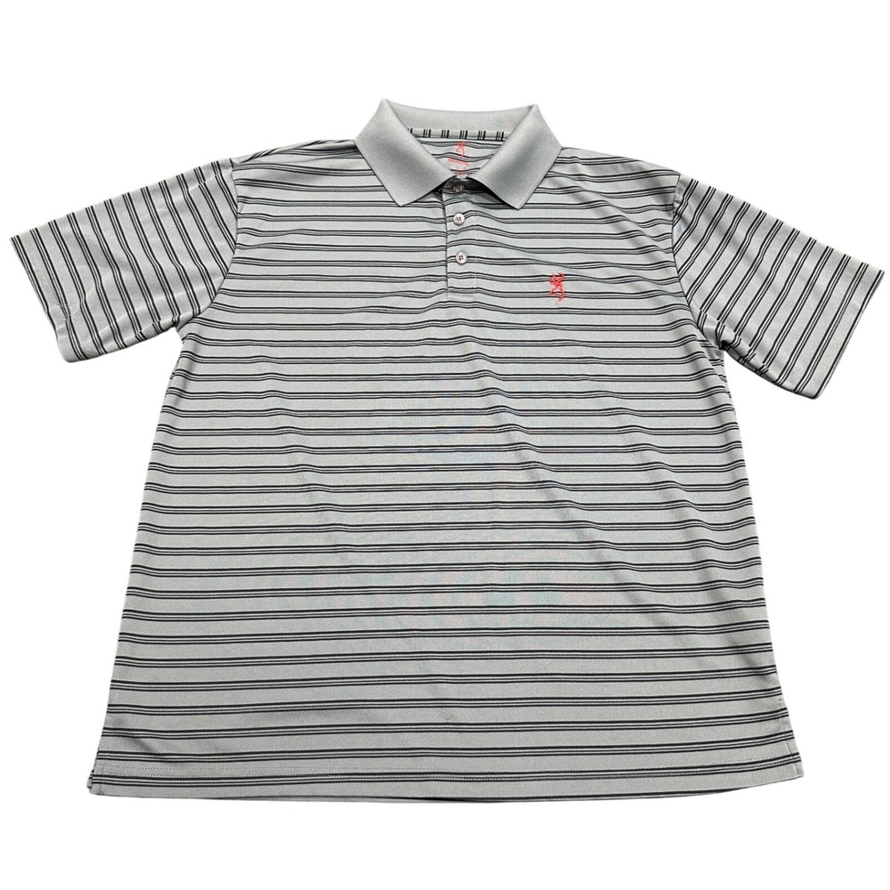 Browning Mens Polo Shirt Large Grey Black Striped Short Sleeve Performance Logo